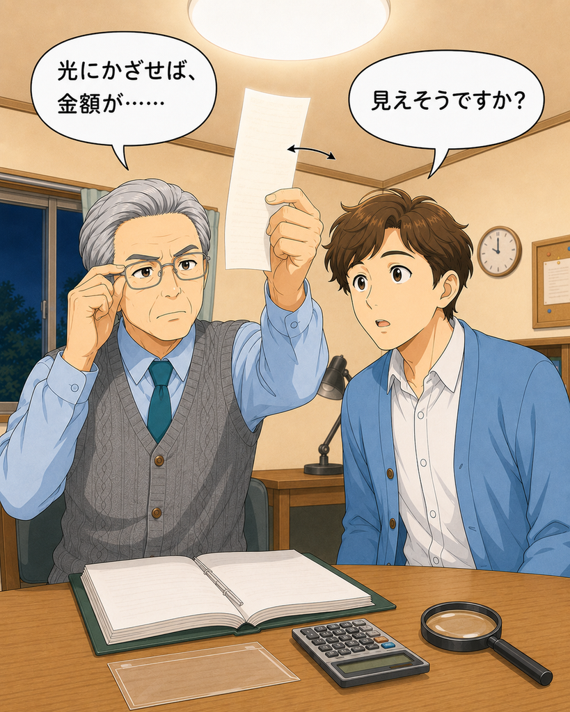 「薄くなった領収書を天井の照明にかざし、角度を変えながら金額を探す岡さんと班野さん」
