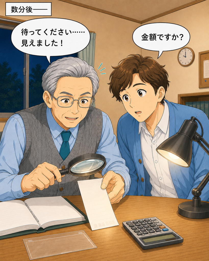 「デスクライトと拡大鏡で領収書を調べ、文字を見つけた岡さんに金額かと尋ねる班野さん」
