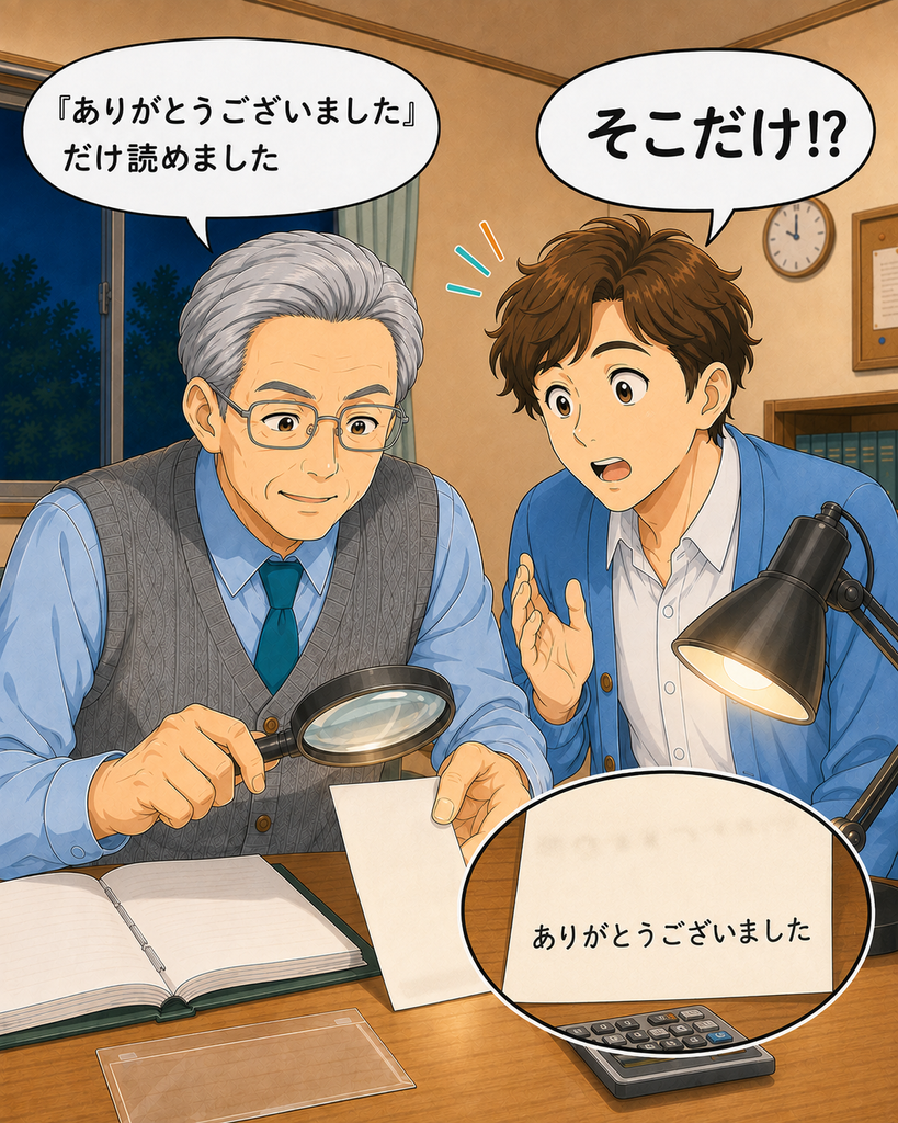 「領収書から読めたのが『ありがとうございました』だけだと分かり、班野さんが驚いてツッコむ」
