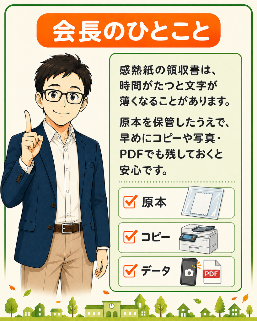 「感熱紙の領収書は原本を保管し、早めにコピーや写真・PDFでも残すと安心だと伝える会長」
