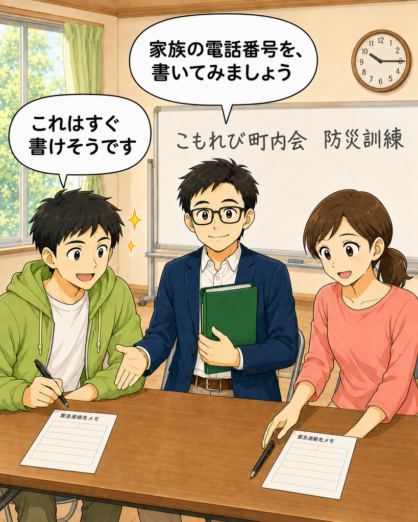 「防災訓練で、会長から家族の電話番号を用紙に書くよう案内され、自信を見せる若井さん」
