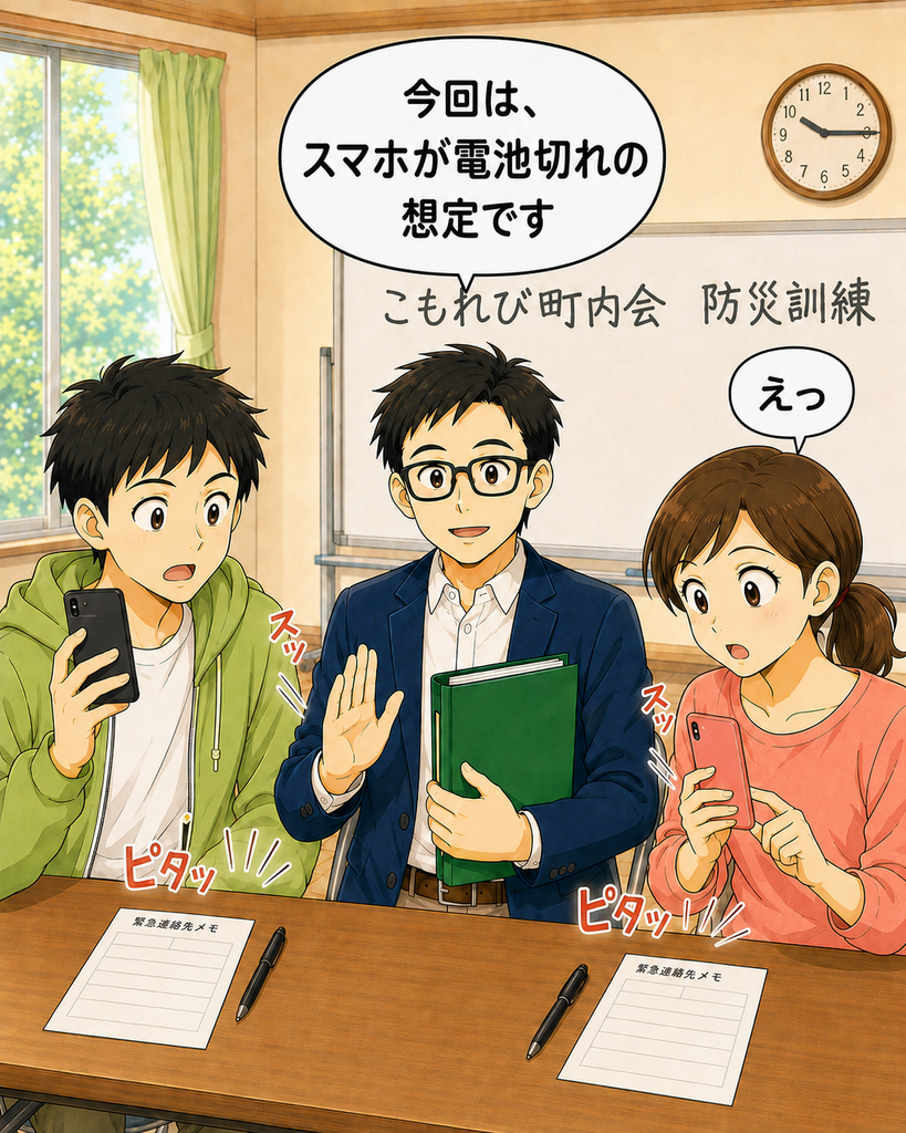 「家族の電話番号を思い出せず、画面を伏せたスマートフォンの前で考え込む若井さんと小想田さん」
