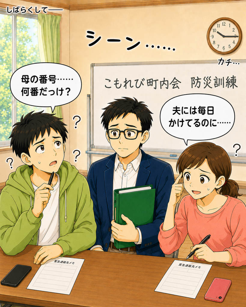 「2人の連絡先メモは自分の番号だけが埋まり、家族の番号が空欄だったと分かる防災訓練のオチ」
