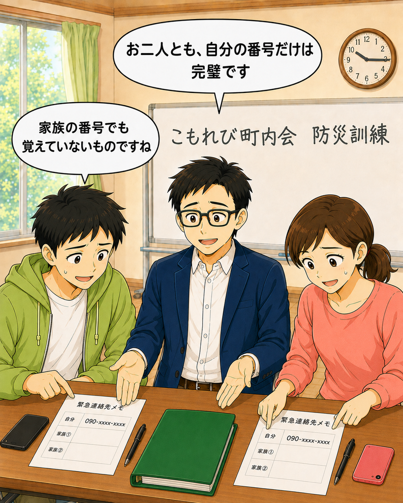 「2人の連絡先メモは自分の番号だけが埋まり、家族の番号が空欄だったと分かる防災訓練のオチ」
