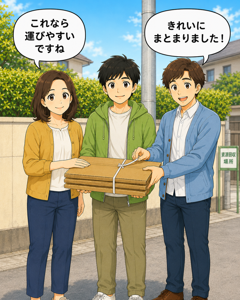 「資源回収用の段ボールをきれいにたたみ、3人でひもをかけ終えた磯賀さんたち」