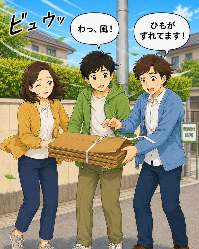 「段ボールを運び始めた瞬間に風が吹き、ひもがずれている」