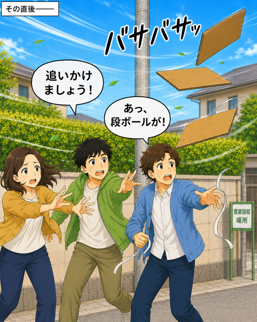 「緩んだひもから段ボールが外れ、段ボールが風に乗っている