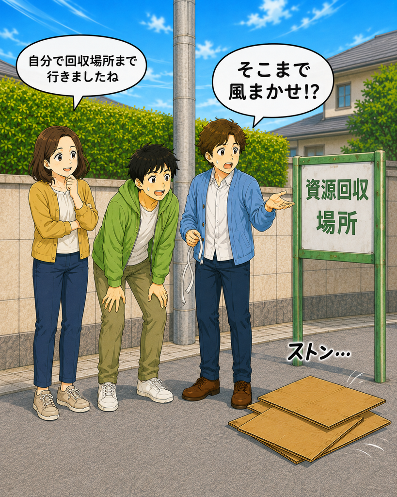 「段ボールが風に乗って、資源回収場所に行った」