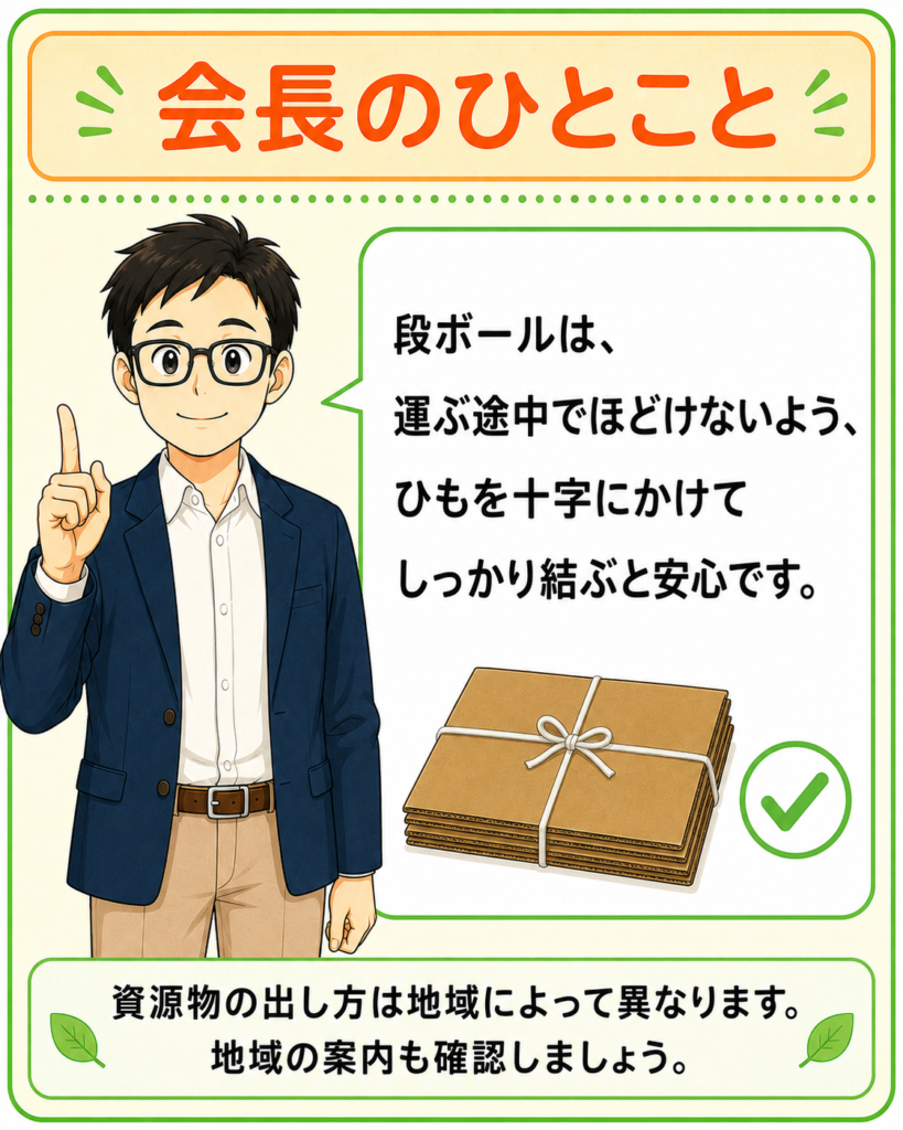 「段ボールは、ひもを十字にかけてしっかり結ぶと安心だと伝える町内会長」