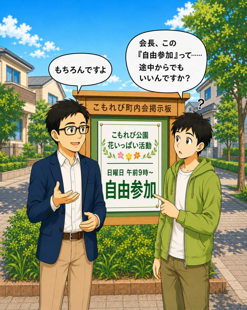 「地域行事の案内にある『自由参加』を見て、途中から参加してもよいのか町内会長に尋ねる若井さん」
