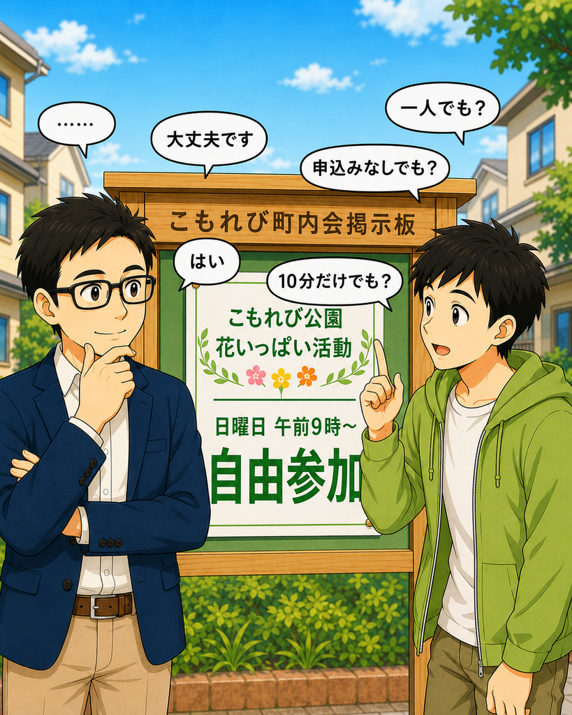 「自由参加について、一人でもよいか、申込みは不要かなど、次々と町内会長に確認する若井さん」
