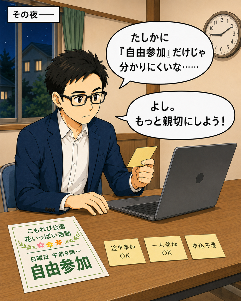 「若井さんの質問をきっかけに、集会所で地域行事の案内をもっと分かりやすく作り直す町内会長」

