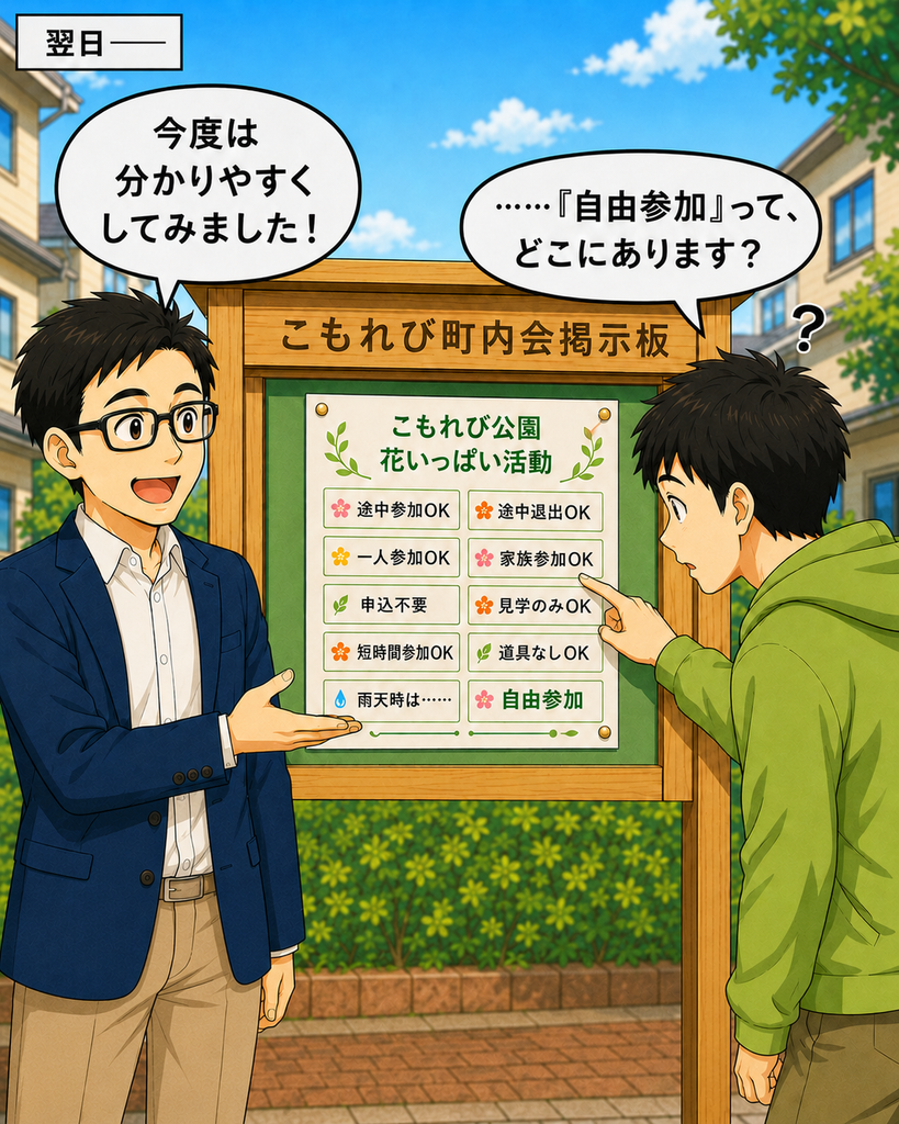 「説明を増やしすぎて文字だらけになった地域行事の案内を前に、『自由参加』を探す若井さんと驚く町内会長」
