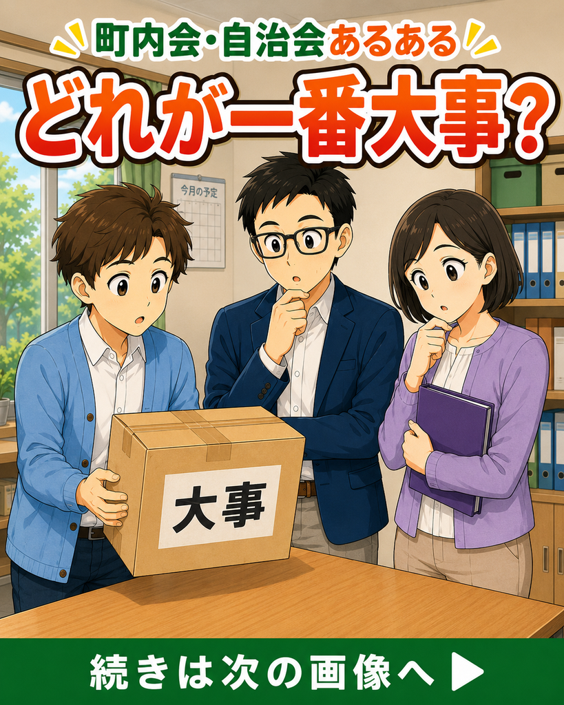 「『どれが一番大事？』のタイトルと、『大事』と書かれた引き継ぎ資料の箱を囲む町内会役員3人」

