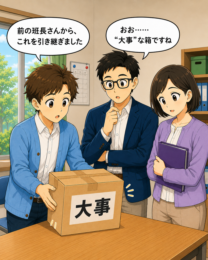 「前任の班長から引き継いだ『大事』と書かれた箱を、班野さんが会長と書記に見せている場面」
