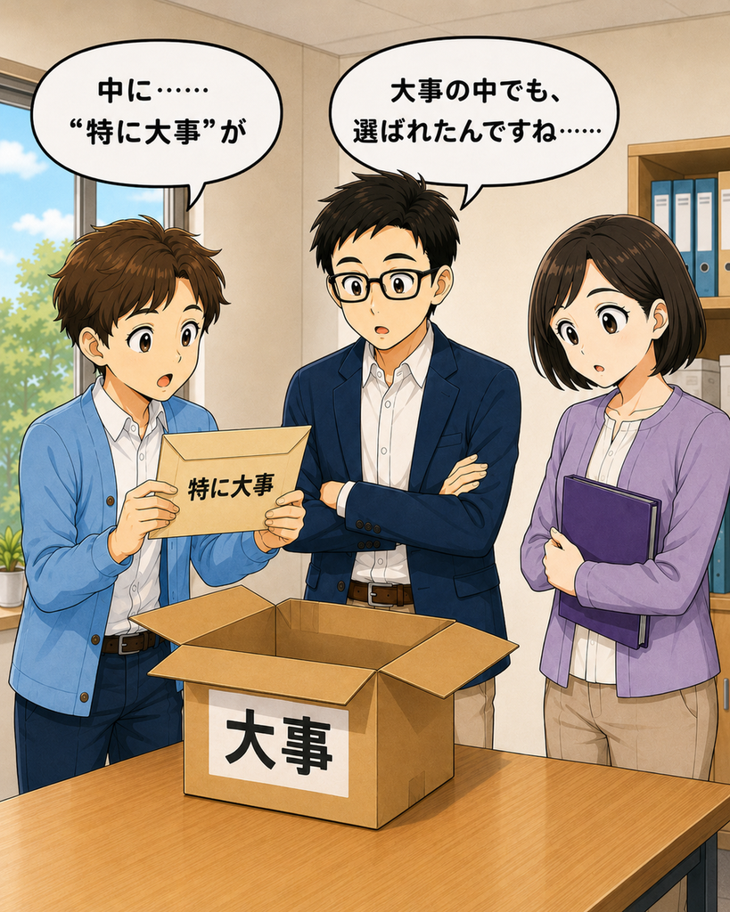 「『大事』の箱を開けると、中から『特に大事』と書かれた封筒が出てきて3人が戸惑う場面」
