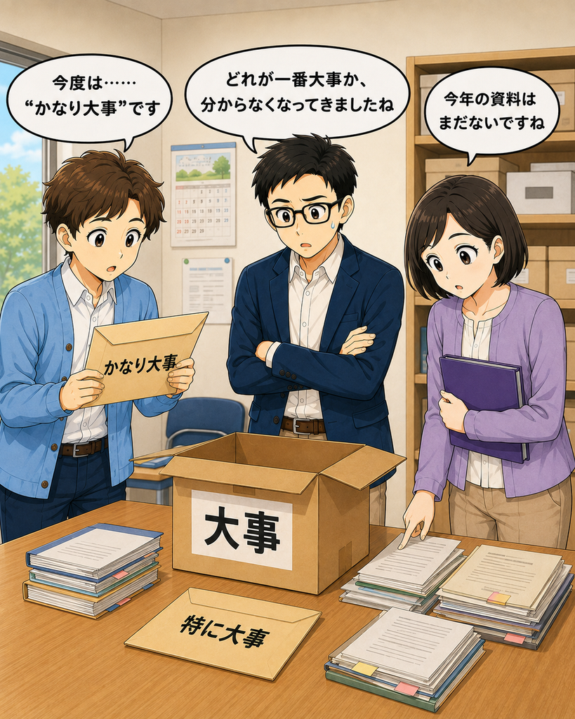 「『大事』『特に大事』に続いて『かなり大事』の封筒まで現れ、必要な資料を探し続ける町内会役員たち」
