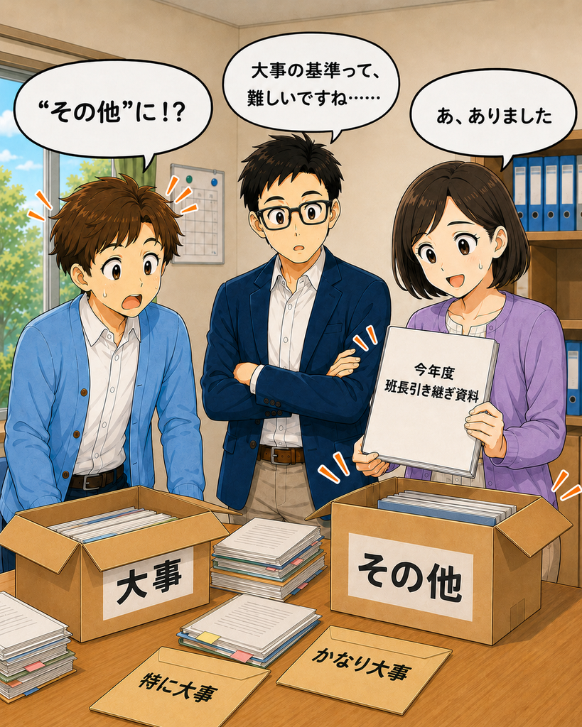 「探していた今年度の班長引き継ぎ資料が、『その他』と書かれた箱から見つかり驚く3人」
