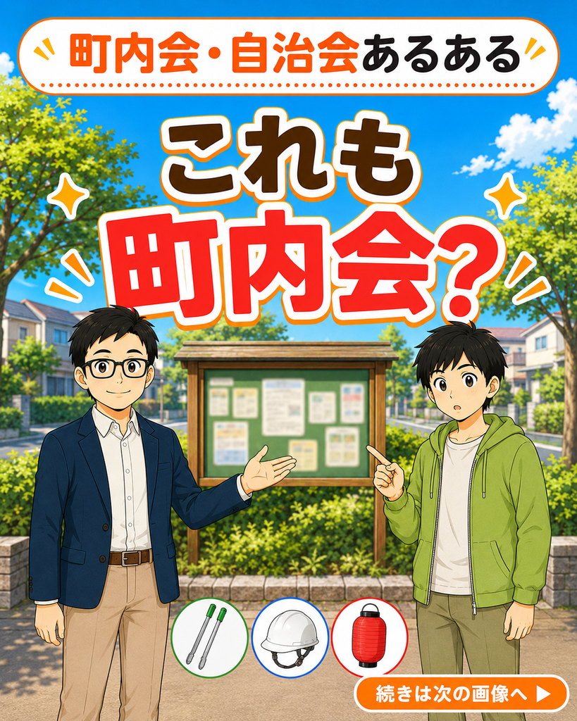 「掲示板を前に首をかしげる若井さんと会長を描いた『これも町内会？』の表紙」

