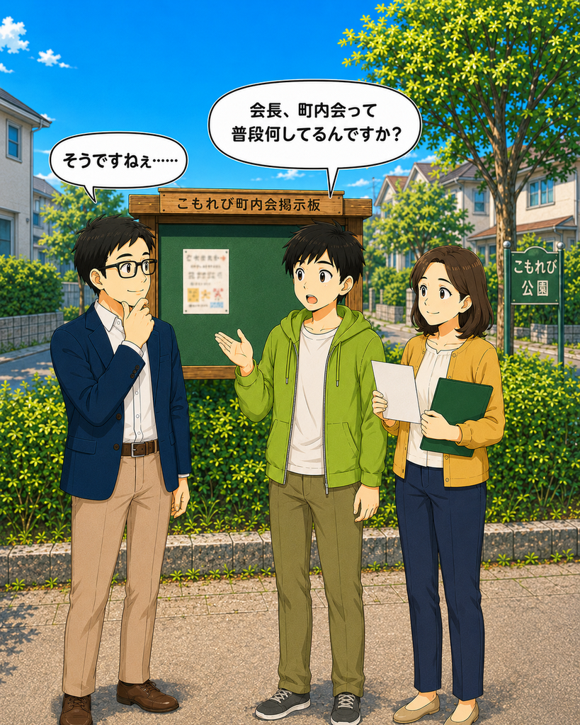 「町内会の普段の活動について、掲示板の前で会長に素朴な質問をする若井さん」
