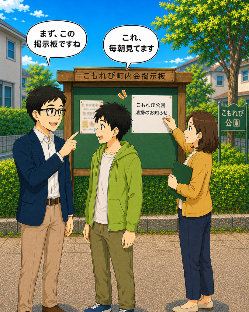 「毎朝見ている掲示板も町内会の活動だと知り、清掃のお知らせを見る若井さん」
