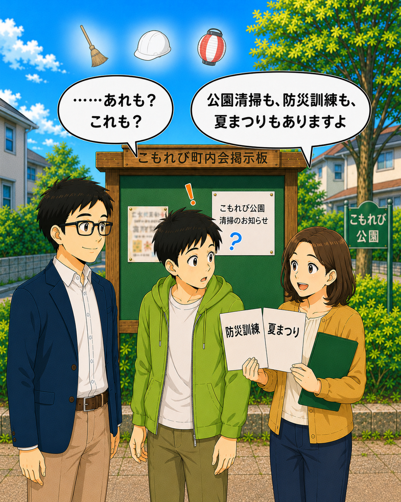 「磯賀さんが清掃、防災訓練、夏まつりの案内を見せ、見覚えがあると気づく若井さん」
