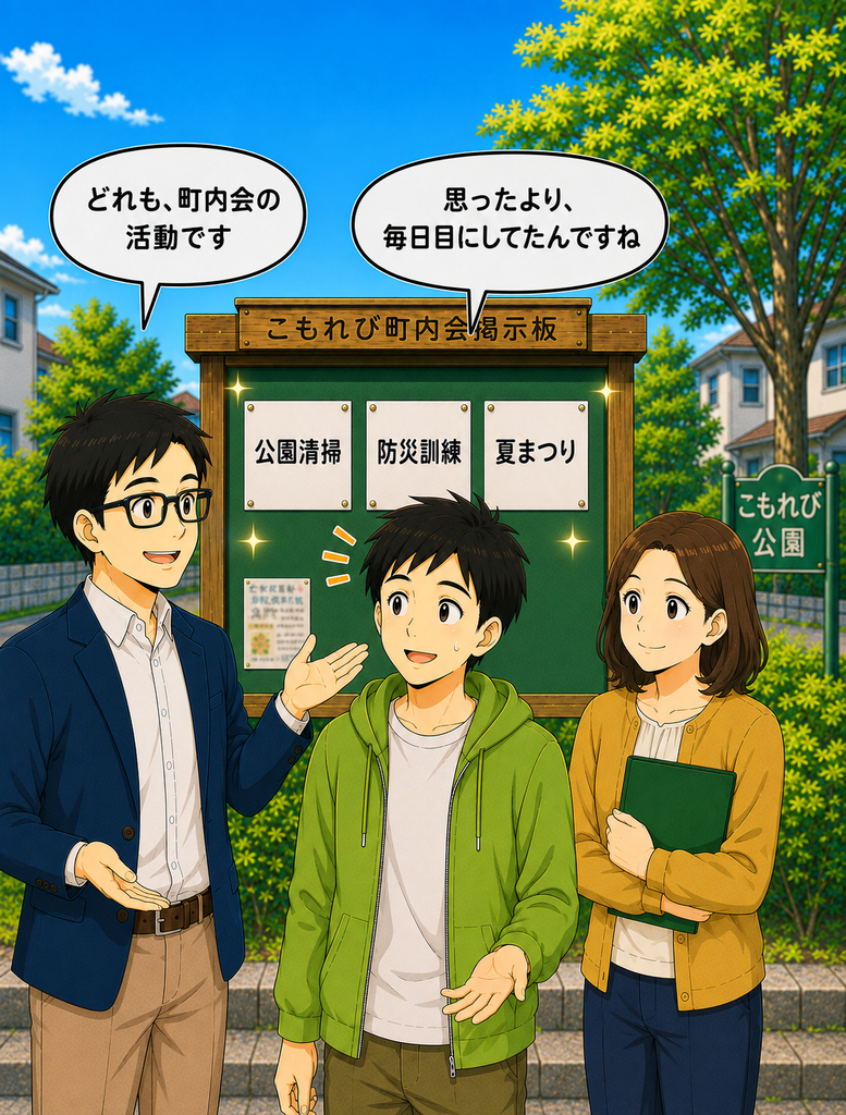 「身近な掲示板や清掃、防災、祭りが町内会の活動だったと知り、毎日目にしていたと気づく若井さん」
