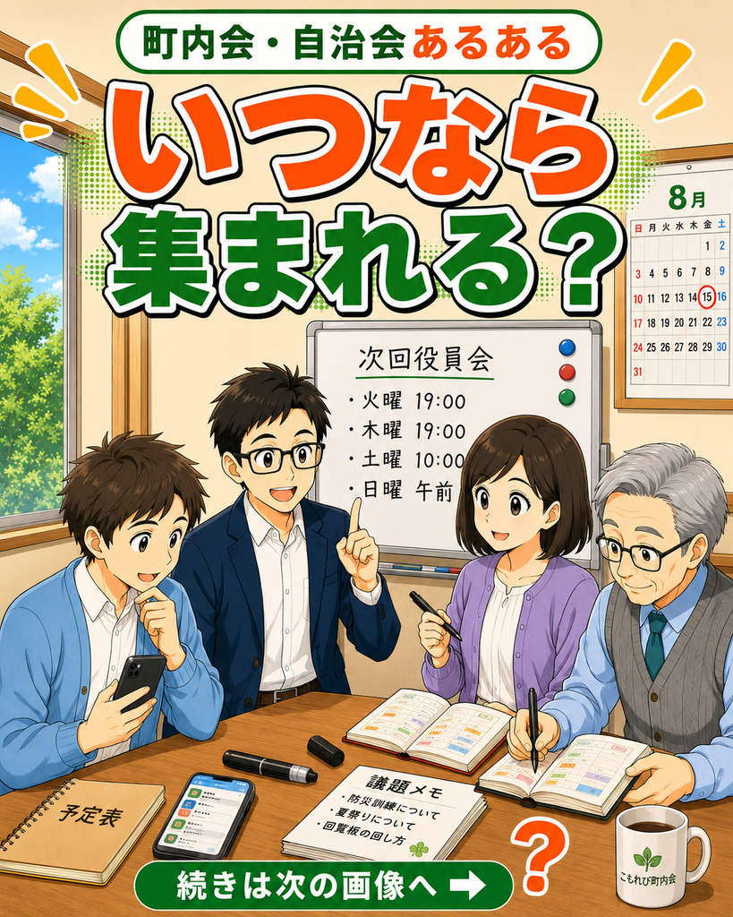 「役員4人が予定表や手帳を確認しながら、次の役員会の日程を相談する『いつなら集まれる？』の表紙」