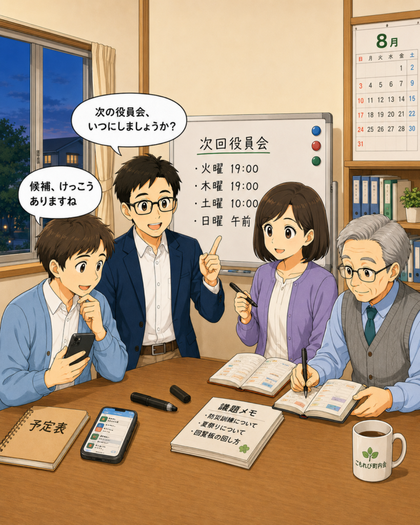 「会長が役員会の候補日を示し、班野さんたち4人がスマートフォンや手帳で予定を確認する場面」