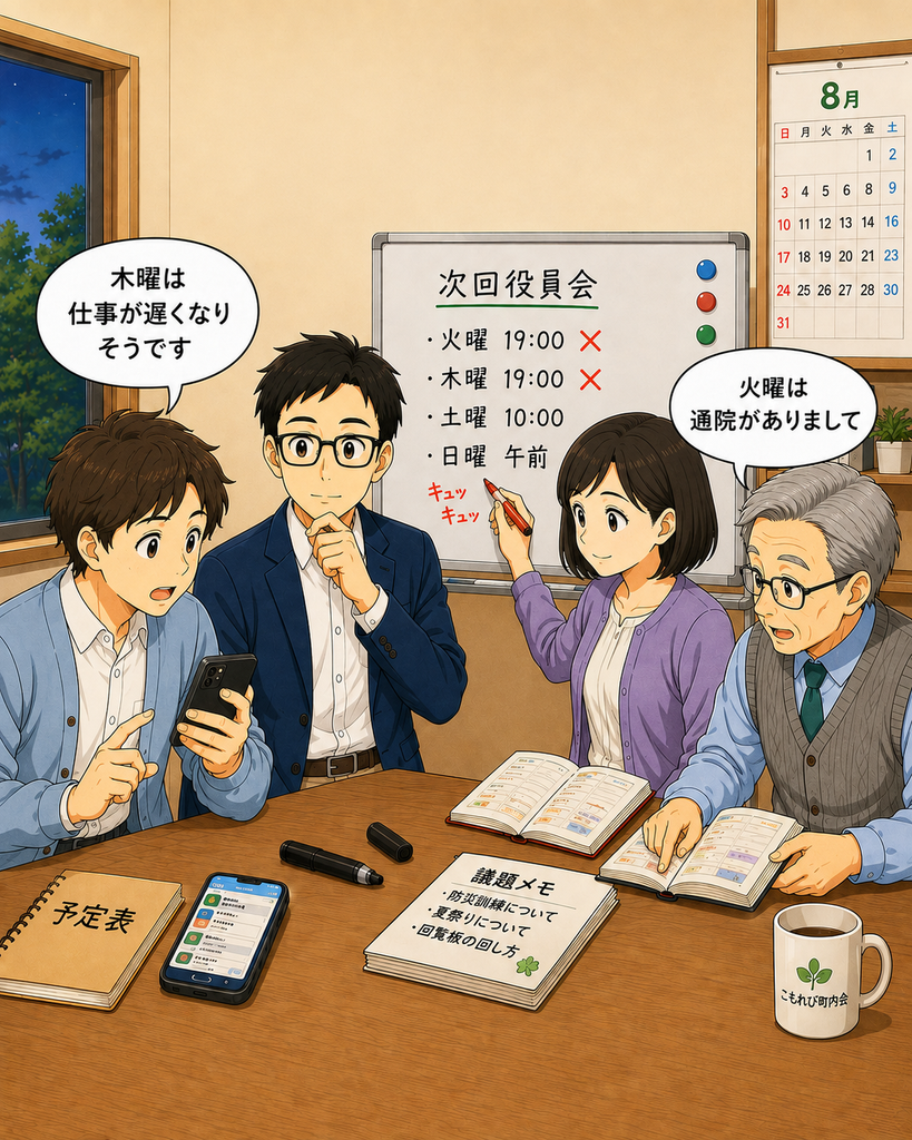 「通院や仕事の予定が重なり、ホワイトボードの役員会候補日に次々と×印が付いていく場面」
