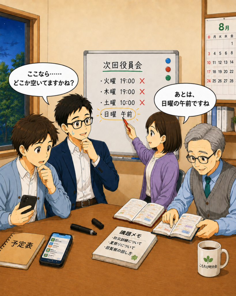 「ほとんどの候補日が消え、最後に残った日曜日の午前について4人が予定を確認している場面」