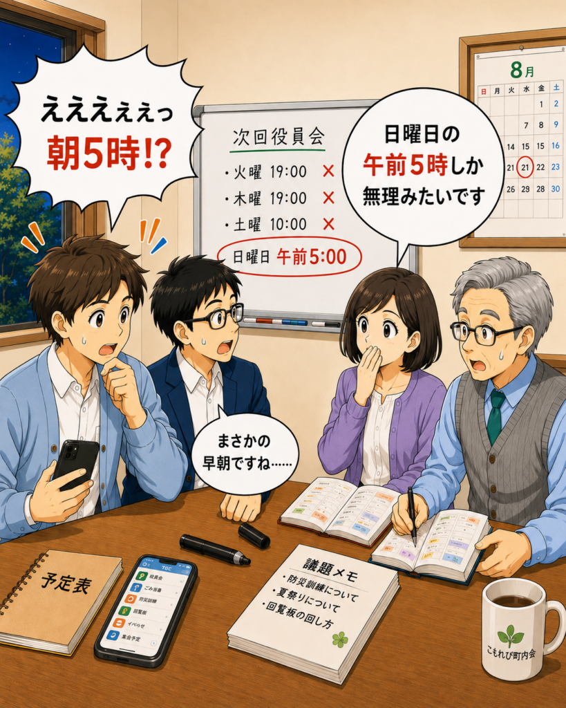 「全員が空いている唯一の時間が日曜日の午前5時と分かり、驚く町内会役員たち」
