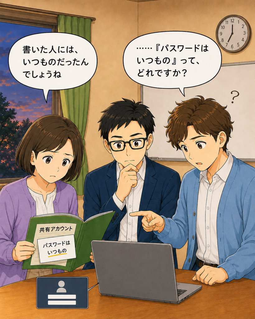 「引き継ぎメモに『パスワードはいつもの』とあり、その意味を尋ねる新米班長」
