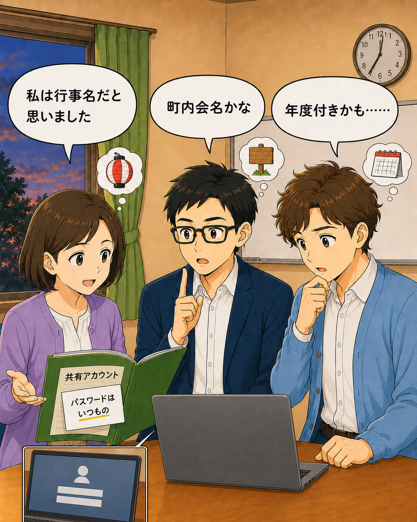 「会長、書記、新米班長が、それぞれ異なる『いつもの』の候補を思い浮かべる場面」
