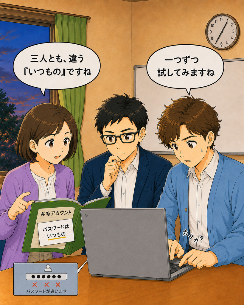 「3人の候補を新米班長が順番に入力するものの、どれも一致せずエラーが続く場面」
