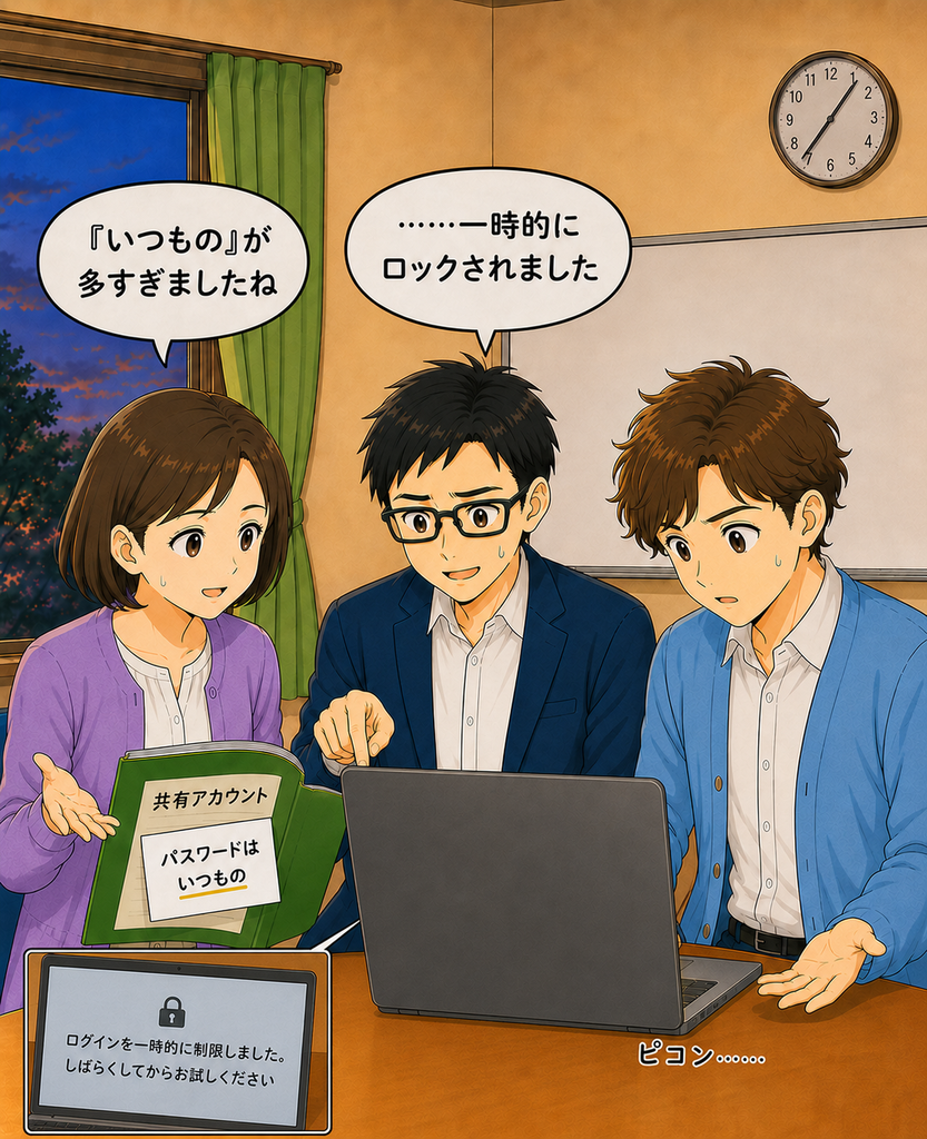 「候補を何度も試して共有アカウントが一時ロックされ、気まずく画面を見る3人」
