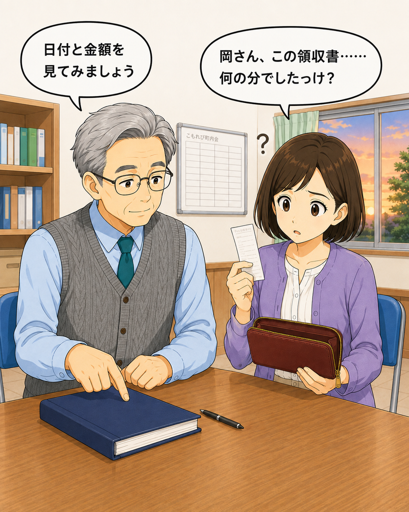 「財布から見つけた用途不明の領収書を、会計担当の岡さんに見せて確認を頼む筆垣さん」
