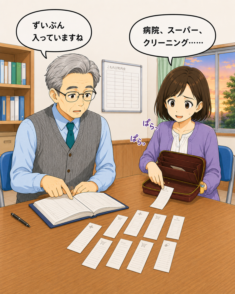 「病院やスーパー、クリーニングなどの領収書を財布から次々と取り出す筆垣さん」
