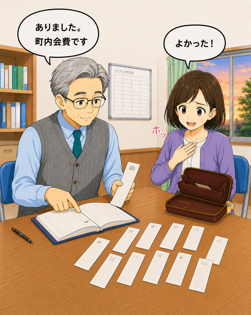「会計ファイルの日付と金額を照合し、領収書が町内会費のものだと確認する岡さん」
