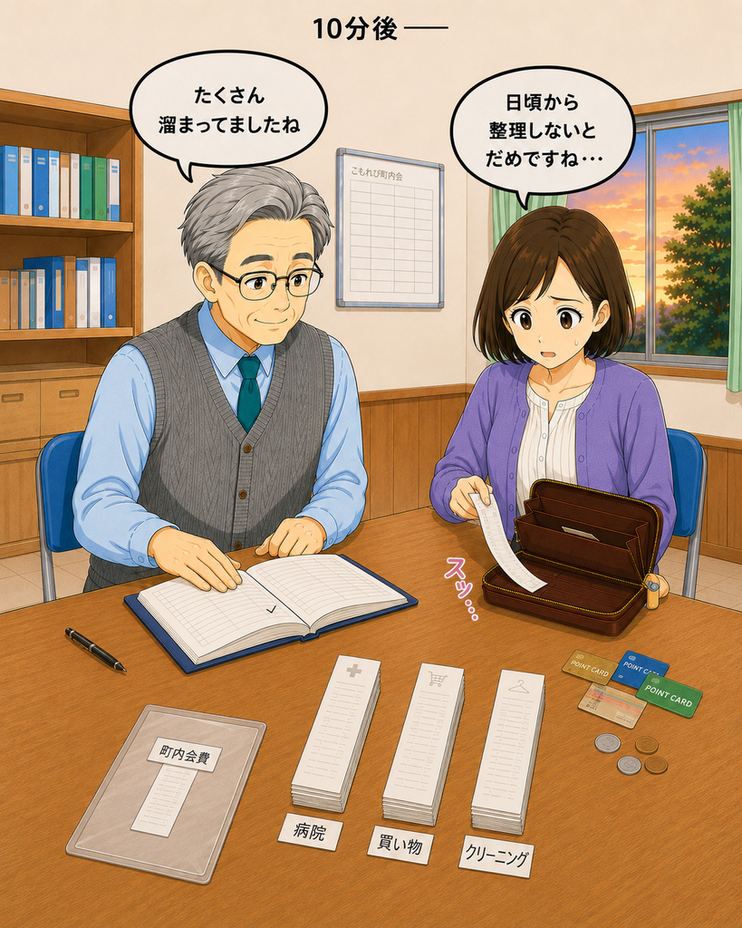 「町内会費は確認できたものの、10分後も大量の領収書やカードを整理し続ける筆垣さん」
