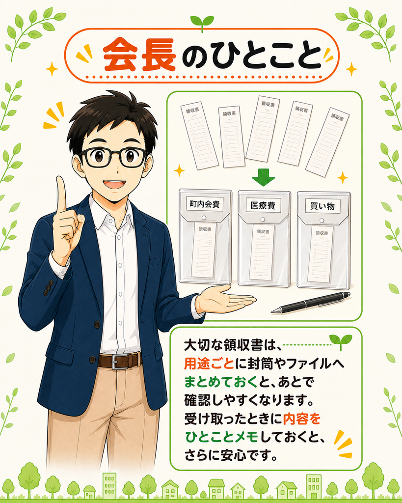 「領収書を用途別の封筒やファイルにまとめ、内容をメモすると確認しやすいと説明する会長」
