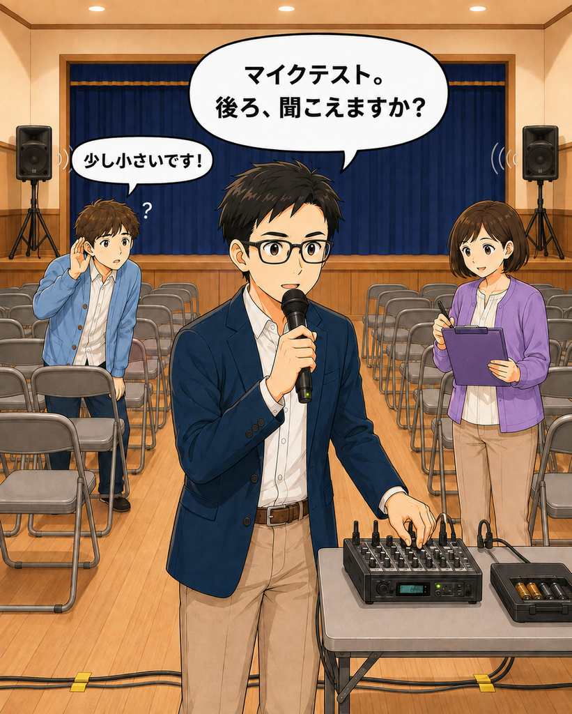 「会場後方の班野さんが、マイクの音が少し小さいと会長へ伝える音響確認の1コマ目」

