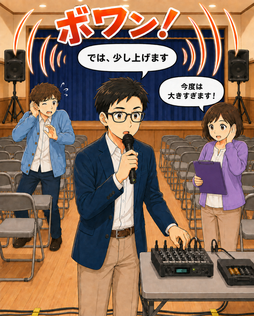 「会長がマイクの音量を上げると急に大きくなり、班野さんと筆垣さんが驚く2コマ目」

