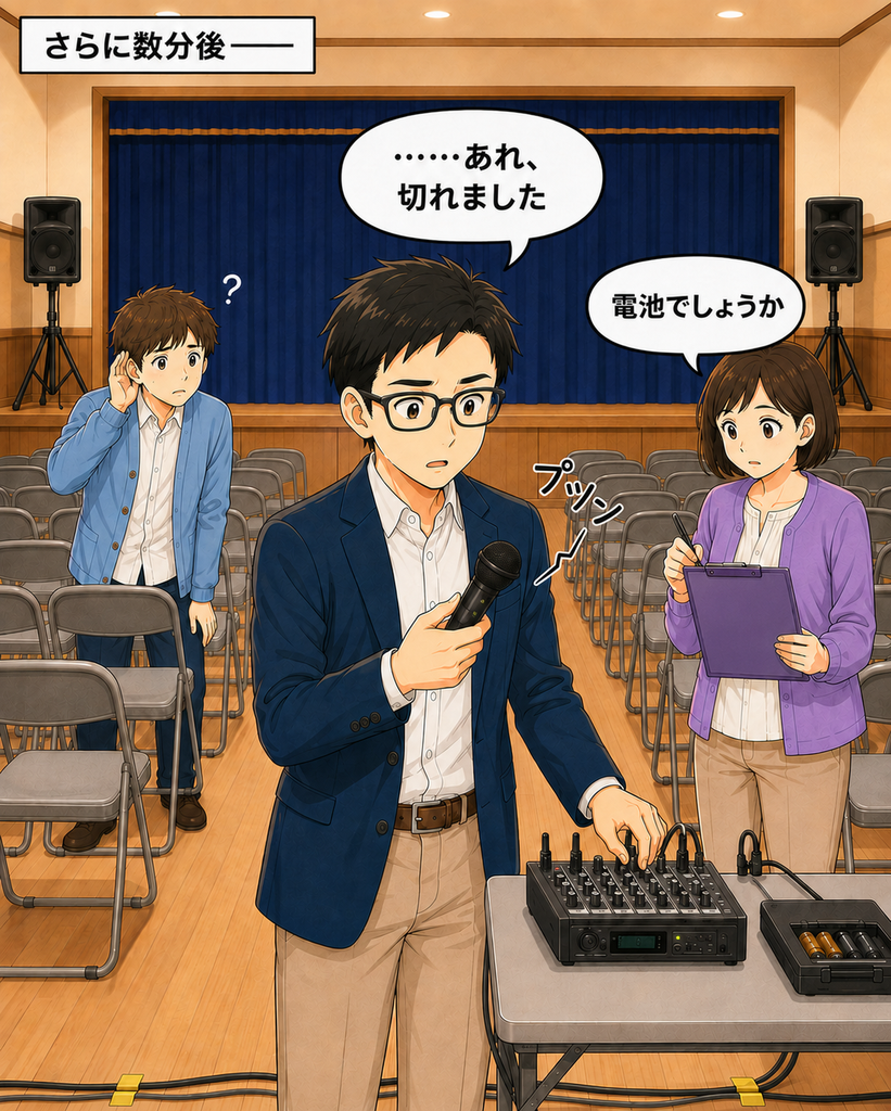 「数分後にマイクの音が突然切れ、会長と筆垣さんが電池の状態を確認する3コマ目」
