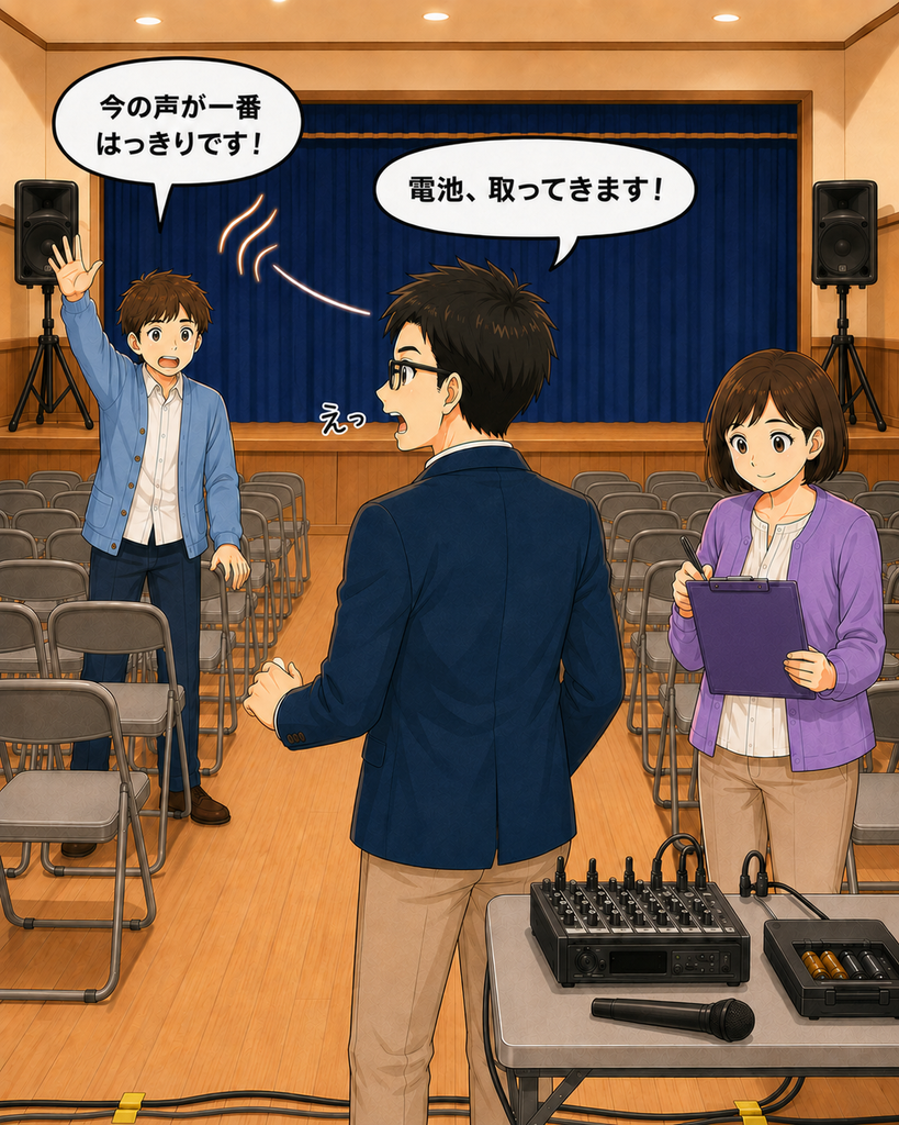「マイクを置いた会長の地声が会場後方まで一番はっきり届き、3人が驚く4コマ目」

