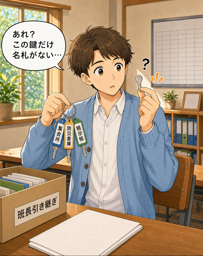 「役員引き継ぎの鍵束を整理し、1本だけ名札のない銀色の鍵を見つける班野さん」
