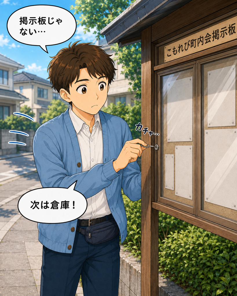 「名札のない鍵を町内会掲示板の南京錠で試すが、鍵穴に合わず首をかしげる班野さん」
