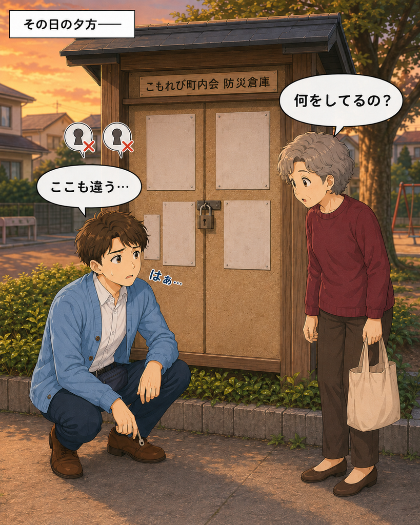 「複数の鍵穴を試して防災倉庫前で疲れる班野さんに、通りかかった知恵さんが声をかける」
