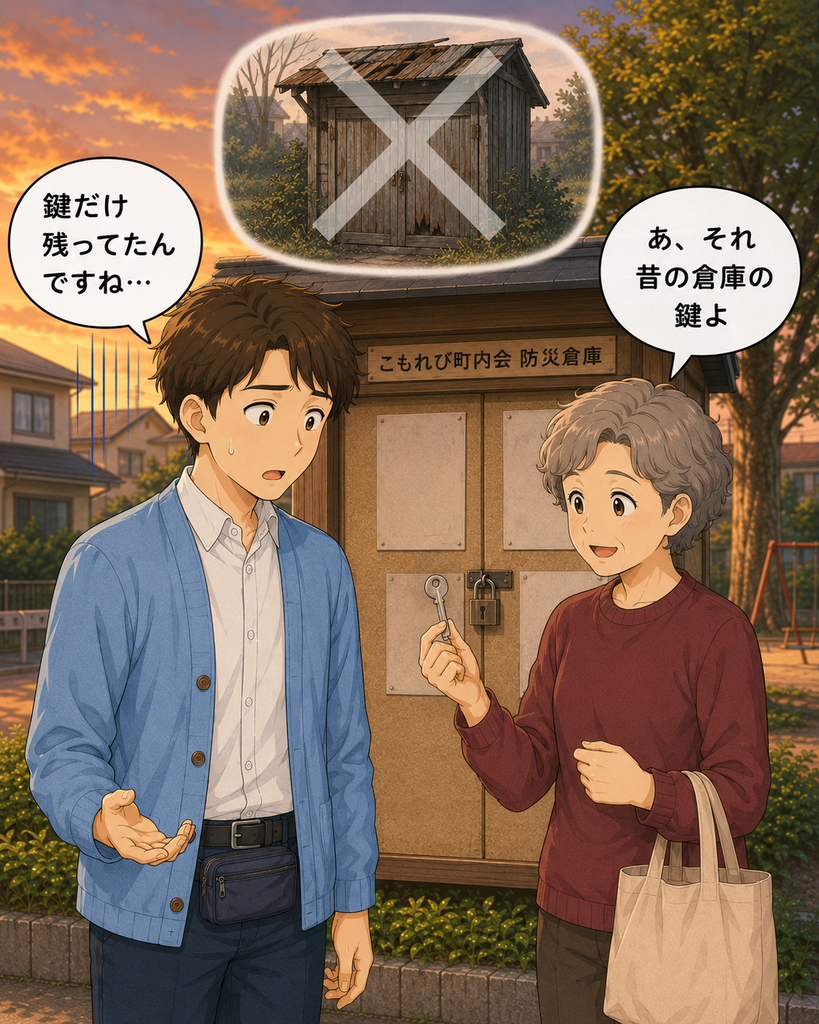 「用途不明の鍵が撤去された昔の倉庫のものだと知恵さんから聞き、力が抜ける班野さん」
