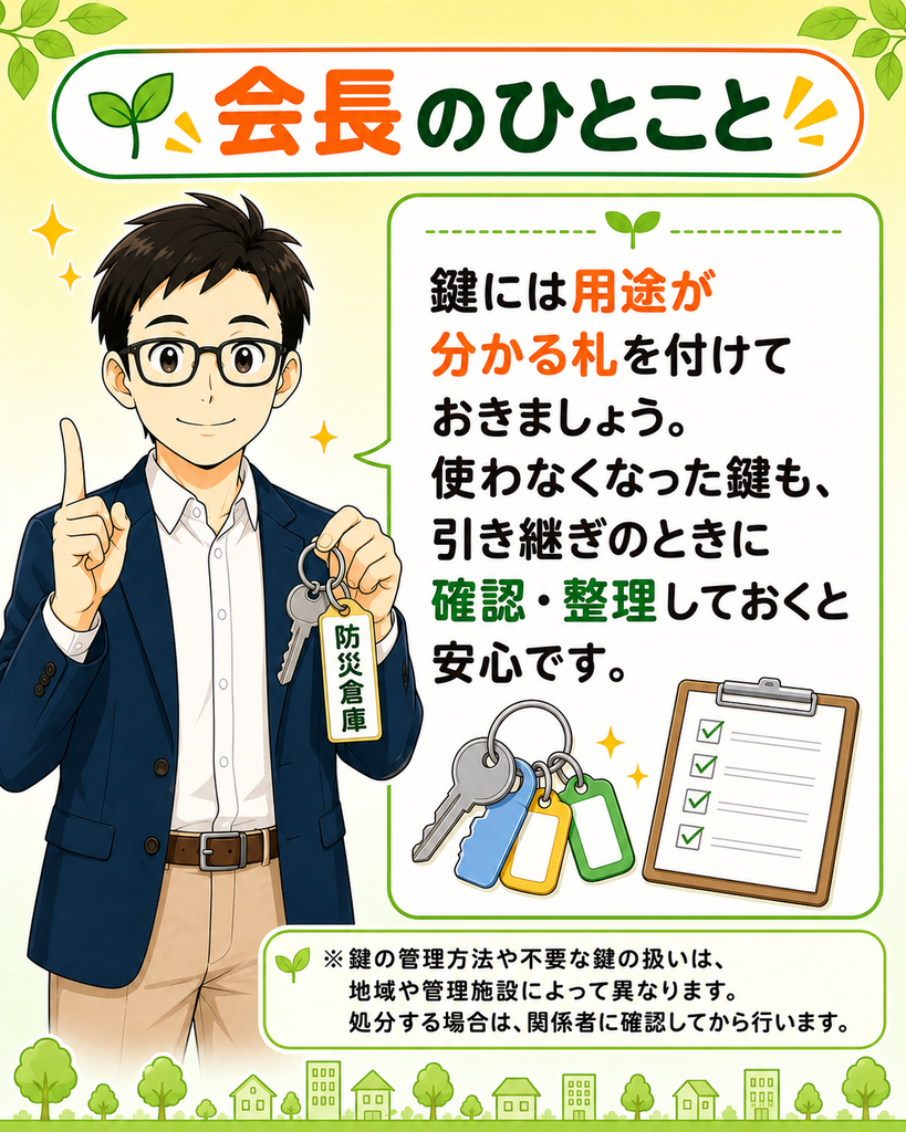 「鍵には用途札を付け、使わなくなった鍵も引き継ぎ時に確認・整理しようと伝える会長」
